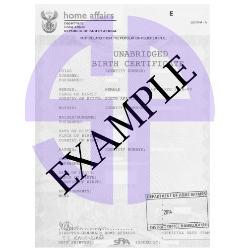 Unabridged Birth Certificate South Africa