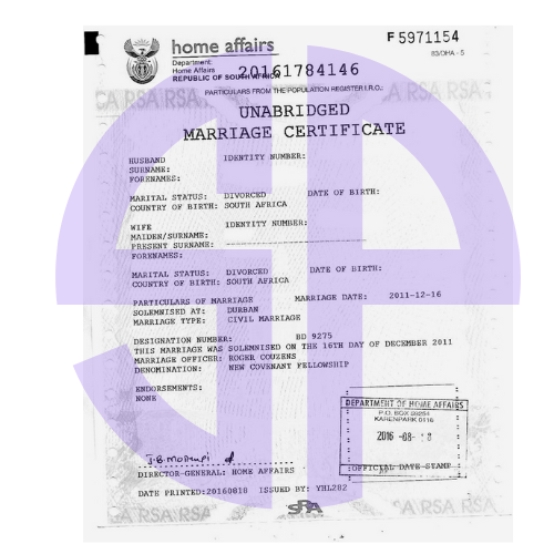 Unabridged Marriage Certificate South Africa