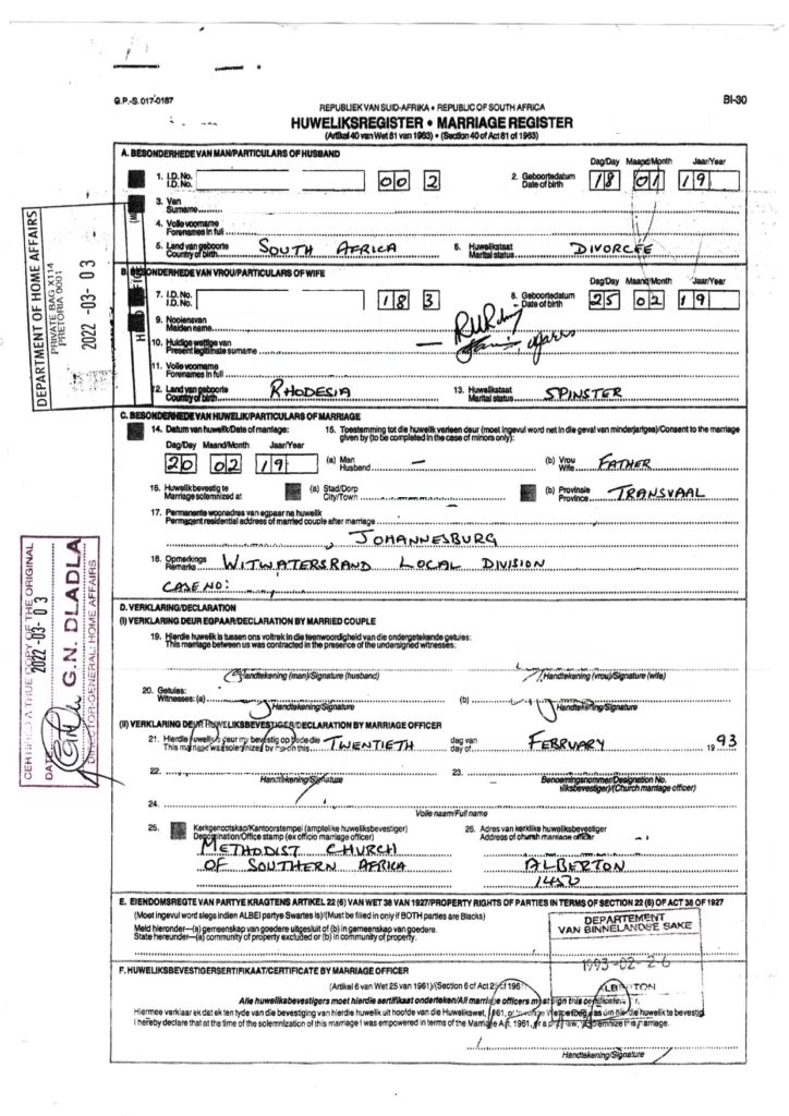 Vault marriage certificate South Africa example