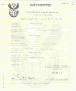 South African unabridged marriage certificate example