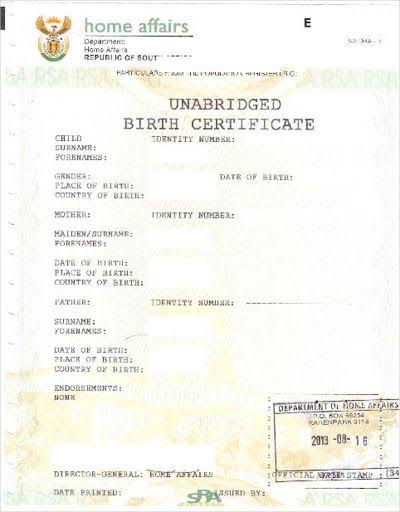 South African unabridged birth certificate example